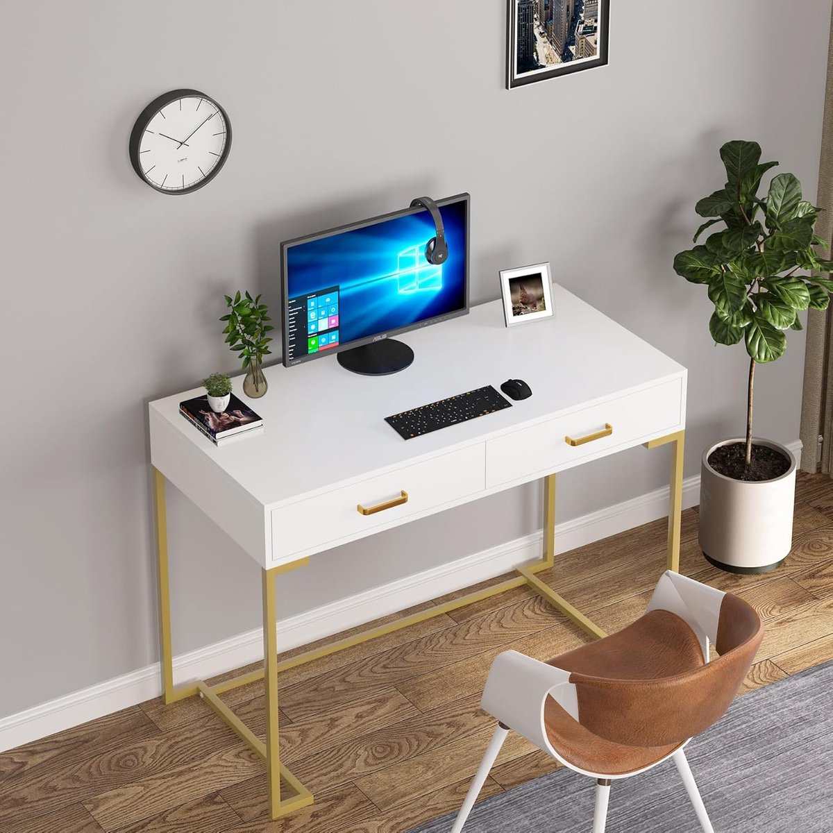 Computer Bureau - Bureau Werkstation met 2 laden, Eenvoudig en Modern Thuiskantoor - Rechthoekig - Wit en Goud