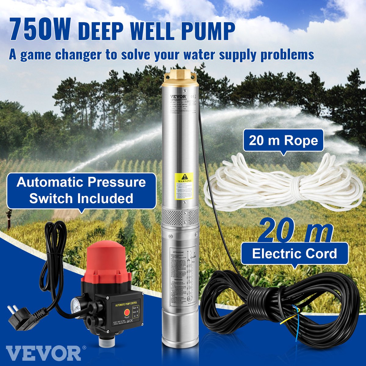 Diepe Bronpomp - Maximale Opvoerhoogte van 62 m - Stroom 105L/min - 750W - 50Hz - IP68 - met Externe Schakelkast en 20 m Stroomkabel - Terugslagklep en Filter - Voor Regentonnen - Reservoirs - Kanalen - Rivieren