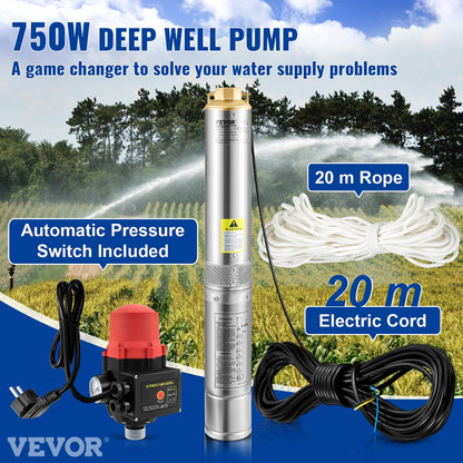 Diepe Bronpomp - Maximale Opvoerhoogte van 62 m - Stroom 105L/min - 750W - 50Hz - IP68 - met Externe Schakelkast en 20 m Stroomkabel - Terugslagklep en Filter - Voor Regentonnen - Reservoirs - Kanalen - Rivieren