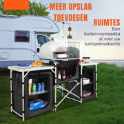 Campingkeuken - Buitenkeuken - Inklapbaar - 174x110x46cm - Campingkast - Incl. Opbergtas - Buitenkooktafel met opbergtas - Aluminium kookstation met 3 kasten - Afneembaar windscherm