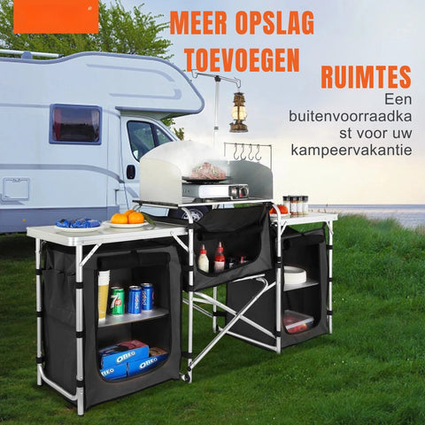 Campingkeuken - Buitenkeuken - Inklapbaar - 174x110x46cm - Campingkast - Incl. Opbergtas - Buitenkooktafel met opbergtas - Aluminium kookstation met 3 kasten - Afneembaar windscherm