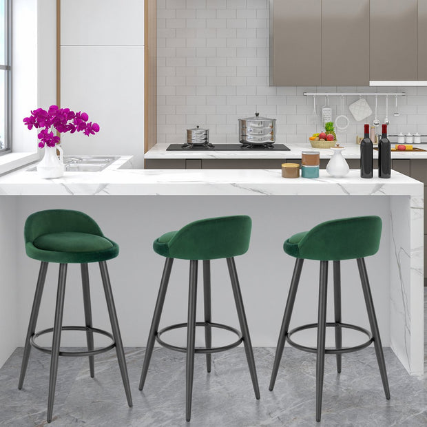 Barkruk – Barkrukken Set van 2 – Barkruk met Rugleuning – Bar Stool –Zitvlak Fluweel- Barkrukken met Voetensteun –  Zithoogte 69,5 cm - Donkergroen fluweel
