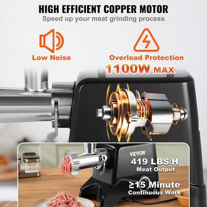Electric Meat Grinder - Mincer - 250kg/Hour - Stainless Steel Grinding Blades - 2 Grinding Discs - Extra Parts - 1100 Watt - Black