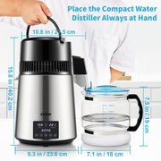 Water Distilleerder-1.5 L/uur - 4L Destilleerketel-Roestvrij Staal - 1750W Destilleerapparaat met Dubbele Temperatuurweergave - Reinigingspoeder voor Glazen Karaf 3 Carbon Packs