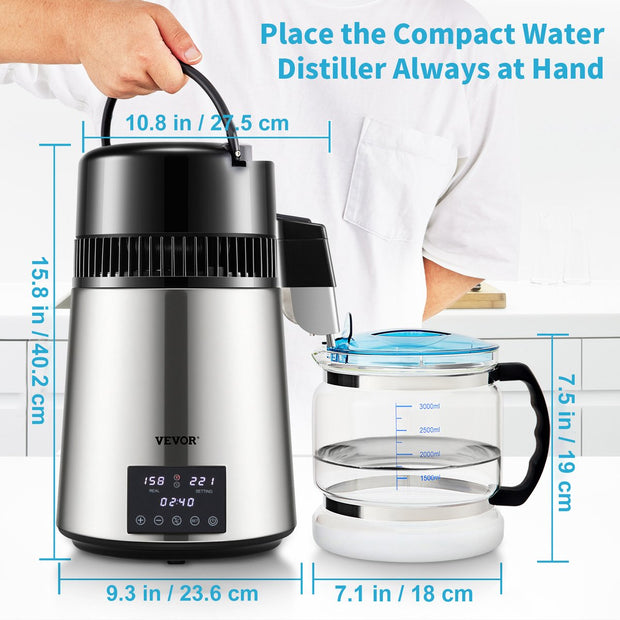 Water Distilleerder-1.5 L/uur - 4L Destilleerketel-Roestvrij Staal - 1750W Destilleerapparaat met Dubbele Temperatuurweergave - Reinigingspoeder voor Glazen Karaf 3 Carbon Packs