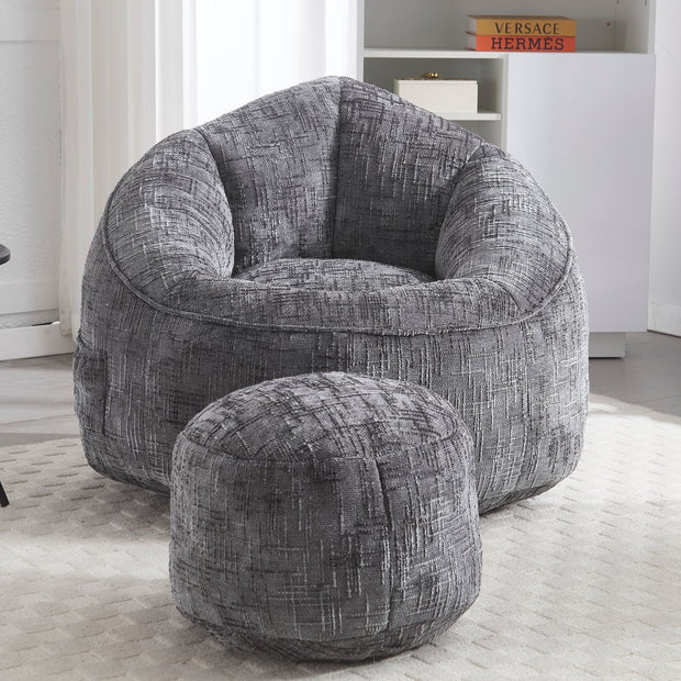 Zitzak met Voetensteun - Loungestoel met Hoge Druk Schuimvulling - Beanbag Ergonomisch Ontwerp - Chenille Stof – 89x88x76 cm - Grijs