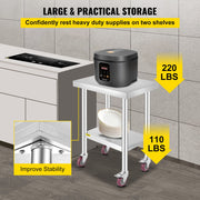 Commerciële Keukentafel - 2 Planken - Roestvrij Staal - 150kg Laadvermogen - Voedselbereidingstafel met Vier 360 Graden Roterende Wielen - Verstelbare Onderplank - 61 x 46 x 86 cm - Zilver