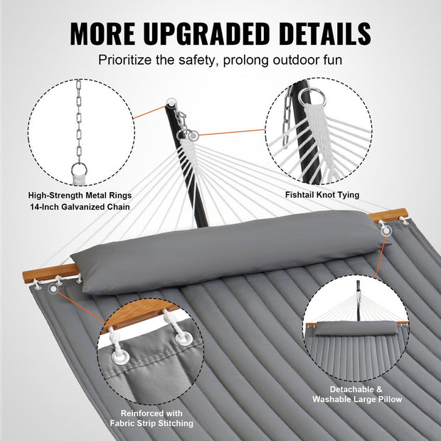 Hangmat met Standaard - Stalen kettingen - Grijs verdikt doek met Kussen - 2 Persoons - 376x105x140cm - Max 210kg