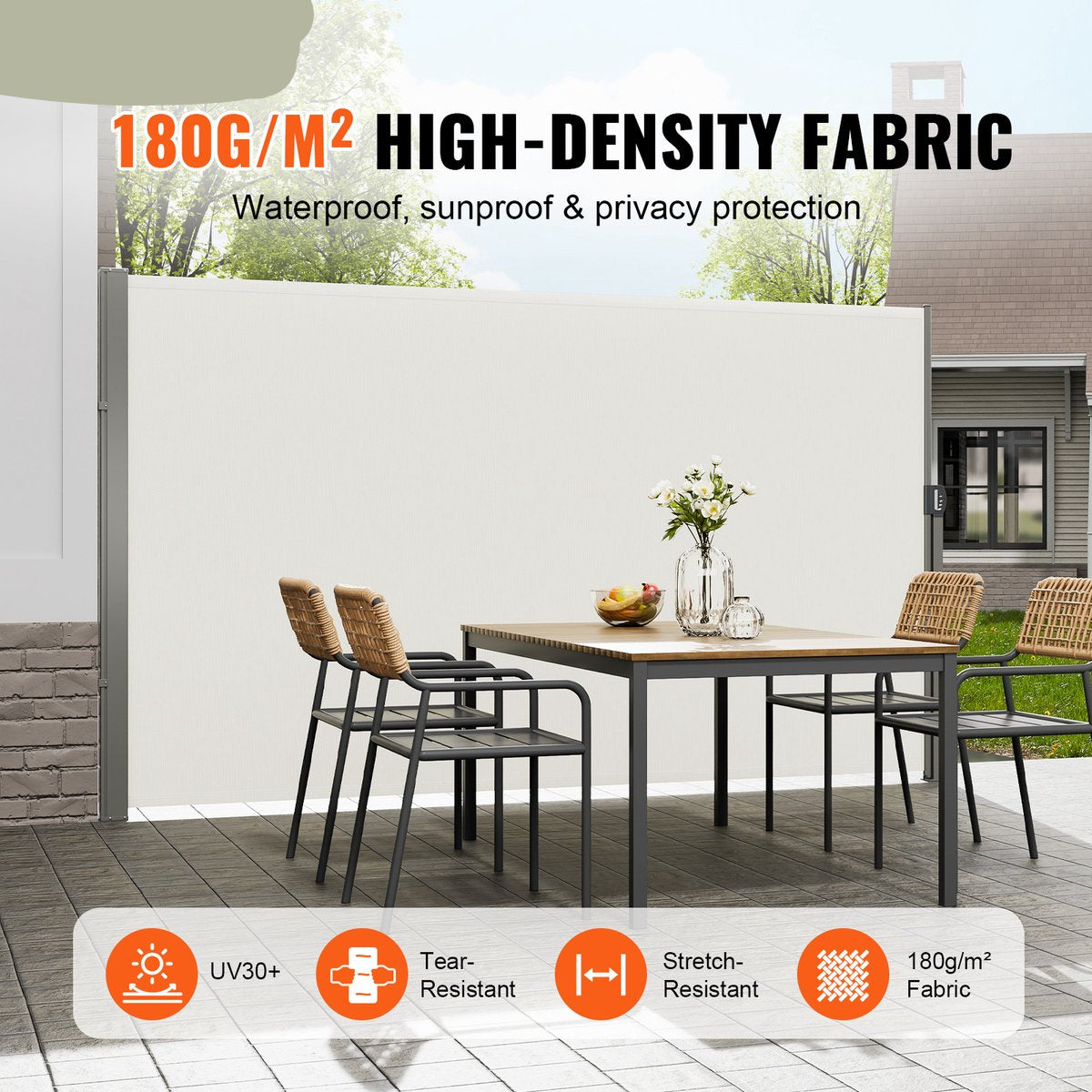 Zijluifel - 200 x 300 cm - Polyesterweefsel (180 g/m²), PU-coating, met Uitschuifbare Handgreep en Veermechanisme, voor Balkons en Terrassen, Beige