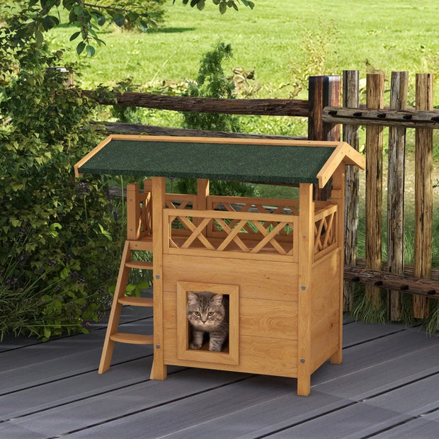 Kattenhuis - voor Buiten – Duurzaam Houten Hok - met 2 Verdiepingen – Ruime Kooi - Bench en Ren – Weerbestendig en Comfortabel – Bruin