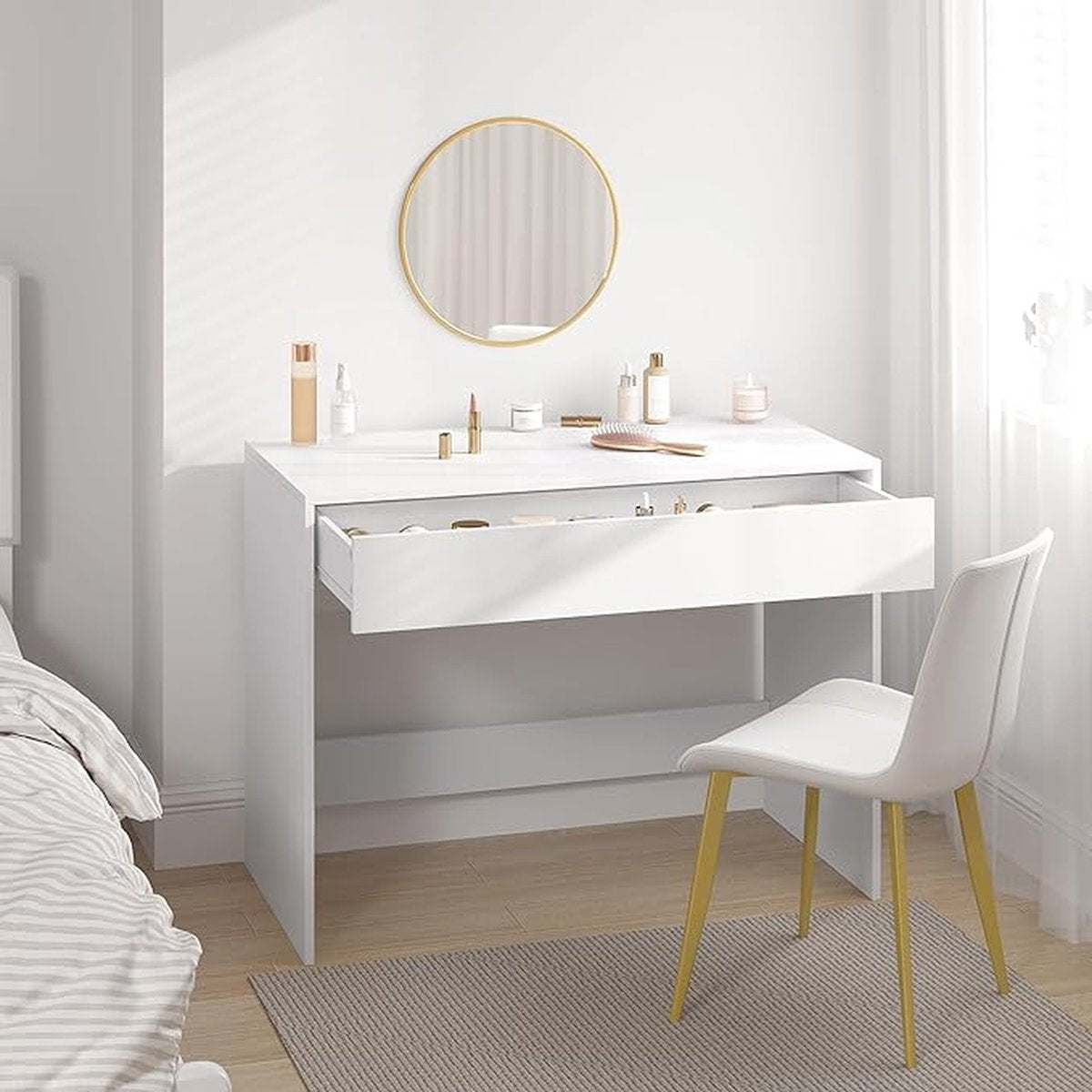 100 cm desk with drawer, suitable as computer desk, dressing table or work table for home or small office. Colour: white.