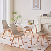 Set of 6 Dining Chairs - Upholstered Chairs with Beech Legs - Stylish Office Chairs for Dining Room, Bedroom, Balcony or Restaurant - Beige