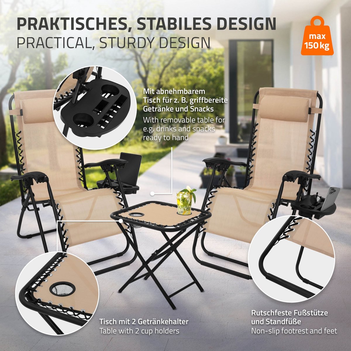 Ligstoel set 3-delig taupe opvouwbaar met tafel ML-Design