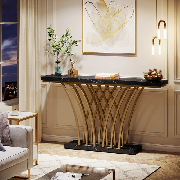 Grid Console Table - Moderne Gouden Consoletafel - Haltafel - Wandtafel met Rastervormig Metalen Onderstel - Ideaal voor Ingang, Gang en Entree - Zwart - Goud - Marmer - 150 x 80 x 30 cm (B x H x D)