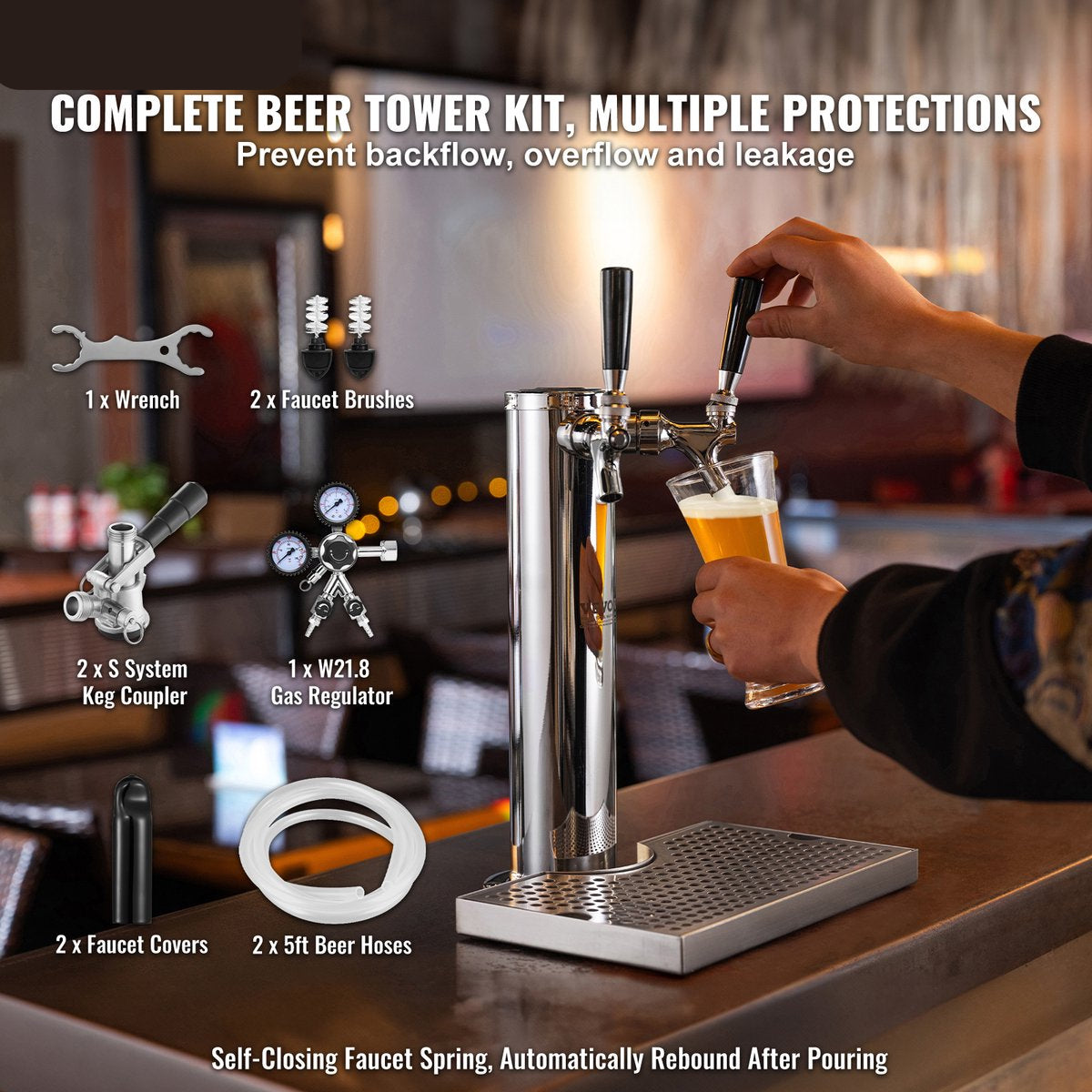 Biertoren met Twee Tapkranen - Dual Gauge Regelaar - S-Systeem Cilinderkoppeling - Inclusief Bierlekbak - Voor Bruiloften - Feesten en Bars - QUORE