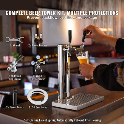 Biertoren met Twee Tapkranen - Dual Gauge Regelaar - S-Systeem Cilinderkoppeling - Inclusief Bierlekbak - Voor Bruiloften - Feesten en Bars - QUORE