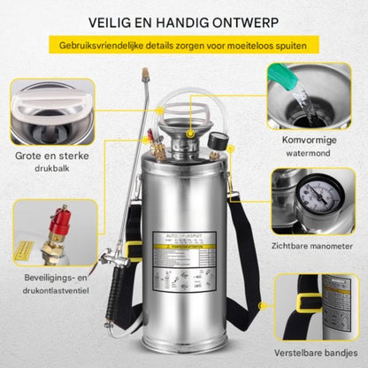 Ontkruidsproeier - Rugspuit - Ergonomisch - variabele Spray - RVS sproeier - Handpompsproeier - met drukmeter en veiligheidsventiel - Verstelbare sproeier voor tuinieren en ontsmetting - 8L - Zilver