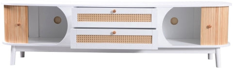 TV-Meubel - van Natuurlijke Houtmix - met Deuren en Lades - TV-Meubel met Rotan Zijkanten - Opbergoplossing - Natuurlijke - Landhuisstijl