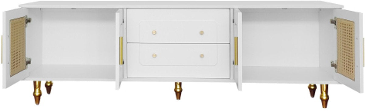 Lowboard - Tv-Meubel in Retrostijl - Gouden Handgrepen - Veel Opbergruimte - Met Rotan Deur - en Metalen Poten - Wit