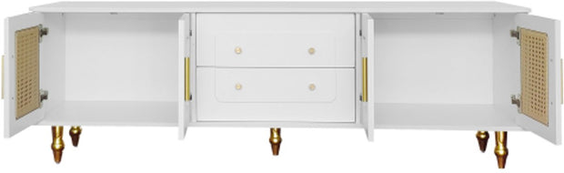 Lowboard - Tv-Meubel in Retrostijl - Gouden Handgrepen - Veel Opbergruimte - Met Rotan Deur - en Metalen Poten - Wit