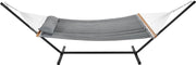 Hangmat met Standaard - Stalen kettingen - Grijs verdikt doek met Kussen - 2 Persoons - 376x105x140cm - Max 210kg