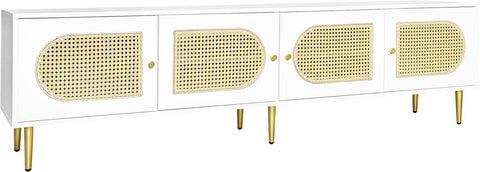 Wit Rattan - TV Cabinet - 180x40x50cm - 4 Rattan-Deuren - Verstelbare Planken - en Kabelbeheer voor Televisies tot 80 inch - Tv-Kast - Lowboards