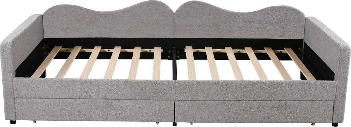 Kinderbed - Slaapbank met 2-laden - Teddybeerbedframe - Multifunctioneel Zacht -  Bed Met Rugleuning en Armleuningen -  90*200 cm -Grijs -  (Ween matras)