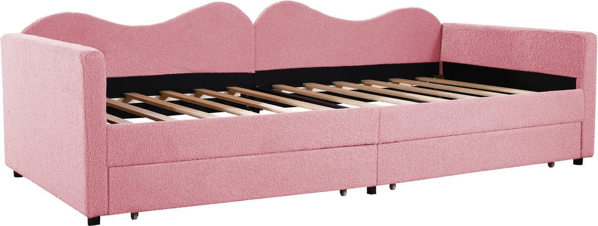 Kinderbed - Slaapbank met 2-laden - Teddybeerbedframe - Multifunctioneel Zacht -  Bed Met Rugleuning en Armleuningen -  90*200 cm - Roze  Jeugdbed -  (Ween matras)