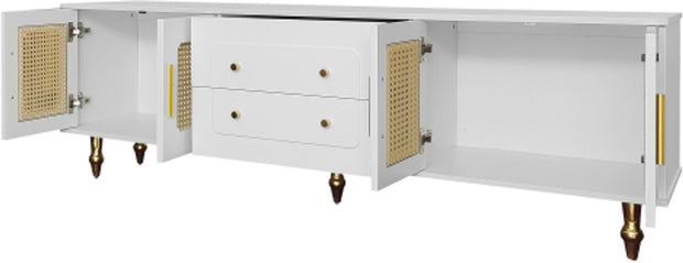 Lowboard - Tv-Meubel in Retrostijl - Gouden Handgrepen - Veel Opbergruimte - Met Rotan Deur - en Metalen Poten - Wit