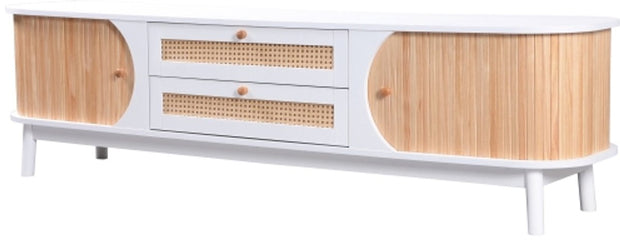 TV-Meubel - van Natuurlijke Houtmix - met Deuren en Lades - TV-Meubel met Rotan Zijkanten - Opbergoplossing - Natuurlijke - Landhuisstijl