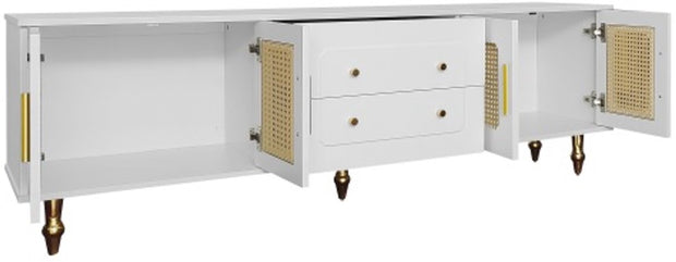 Lowboard - Tv-Meubel in Retrostijl - Gouden Handgrepen - Veel Opbergruimte - Met Rotan Deur - en Metalen Poten - Wit