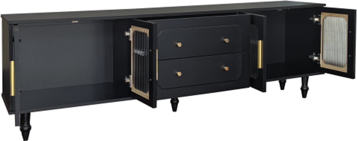 Lowboard - Tv-Meubel in Retrostijl - Gouden Handgrepen - Veel Opbergruimte - Met Glazen deur - en Massief Houten Poten - Zwart