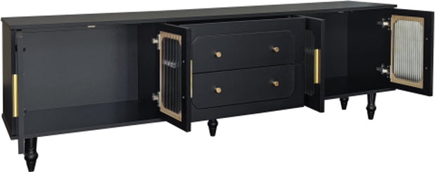 Lowboard - Tv-Meubel in Retrostijl - Gouden Handgrepen - Veel Opbergruimte - Met Glazen deur - en Massief Houten Poten - Zwart