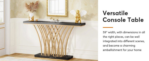 Grid Console Table - Moderne Gouden Consoletafel - Haltafel - Wandtafel met Rastervormig Metalen Onderstel - Ideaal voor Ingang, Gang en Entree - Zwart - Goud - Marmer - 150 x 80 x 30 cm (B x H x D)