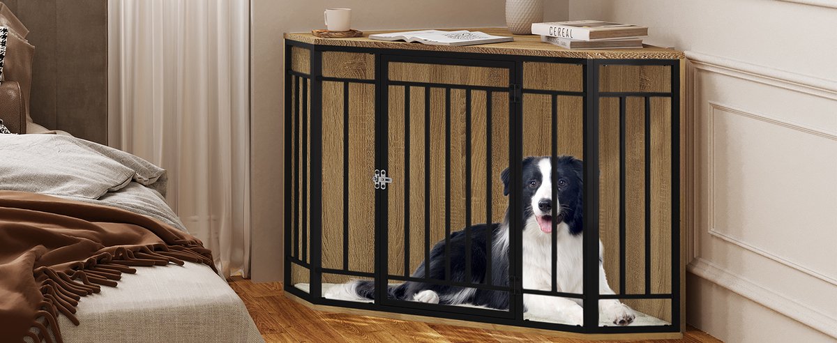 Hondenkennel Hoek - Hoekvormige Honden Bench - Dierenkennel - Bench Hond - Bench Kat - Honden Kussen - Hoek Bench - Bijzet Tafel Bench - Honden Hok - Binnen Kennel - Hout - 111x67x60CM - Grote Honden Kennel Met Hout - QUORE