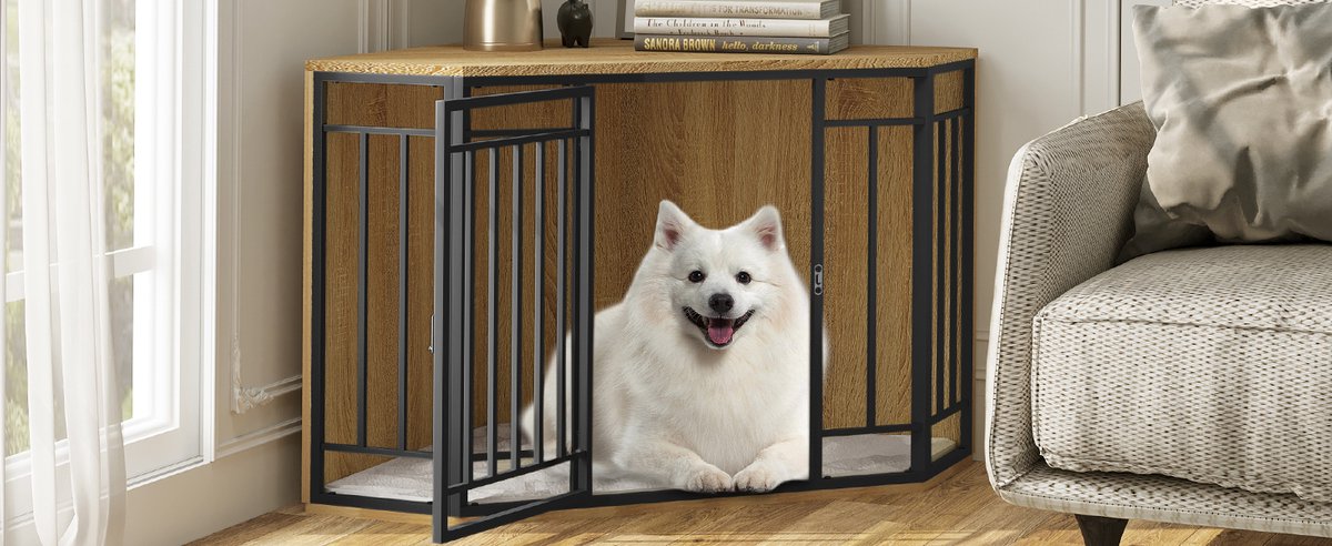 Hondenkennel Hoek - Hoekvormige Honden Bench - Dierenkennel - Bench Hond - Bench Kat - Honden Kussen - Hoek Bench - Bijzet Tafel Bench - Honden Hok - Binnen Kennel - Hout - 111x67x60CM - Grote Honden Kennel Met Hout - QUORE