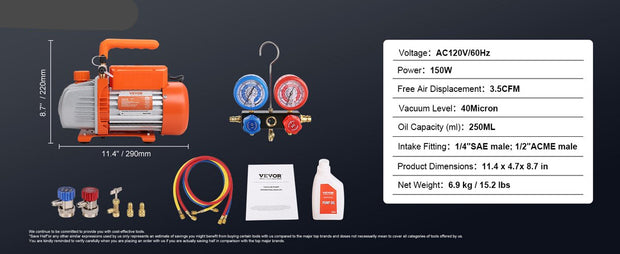 Vacuum Pump - Air Conditioning Vacuum Pump - Air Conditioning Vacuum Filling Pump - Air Conditioning Pump - With Accessories - With Storage Bag - 150W - 1440Rpm - 40 Micron - 3.5CFM - 120V