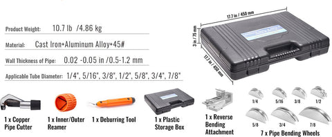Pijpenbuiger Pro-Q - Professionele Pijpenbuiger - Robuust - Ergonomisch - Complete Set - Incl. Pijpensnijder - 7 Matrijzen - Ontbramer - Opbergbox