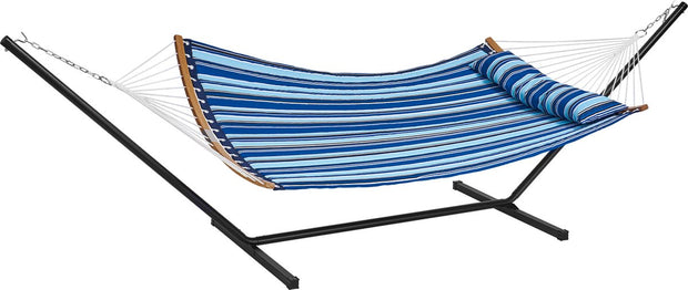 Hangmat - 2 Personen Dubbele - met Gebogen Spreidstok - T-vormige Standaard - Afneembaar Kussen - Draagbare Draagtas - Draagvermogen 200 kg - 1,4x1,9m - Blauwe en Witte Strepen