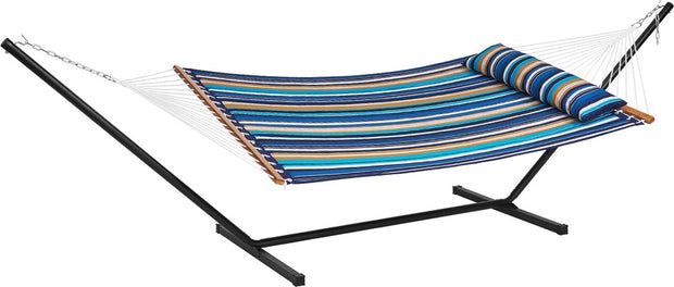 Hangmat - Voor 2-Persoons - met T-vormige Standaard - Draagvermogen 207 kg - Blauwe Cyaan Strepen - met Stalen Standaard van 3,5 meter en Draagbare Draagtas en Kussen - Hangmat voor Buiten - Terras - Tuin - 1,4 x 1,9 m