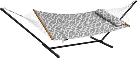 Dubbele Hangmat - Draagvermogen van 218 kg - met Stalen Standaard van 3,5 meter - T-vormige Standaard - Draagbare Draagtas en Kussen - Buitenhangmat - 1,4 x 1,9 m - Grijs en Wit Patroon