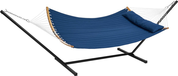 Hangmat - 2 Personen Dubbele - met Gebogen Spreidstok - T-vormige Standaard - Afneembaar Kussen en Draagbare Draagtas Draagvermogen 200 kg - 1,4x1,9m - Blauwe