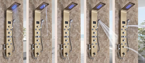 Douchekraan - Regendouche - Douchekop - Douchepaneel - 6 in 1 - Regendouche - Waterval douche - Kraan - Bidet - Massage jet - Handdouche - Waterstroom gevoed - Verlichting en LED display - Goud