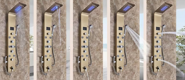 Douchekraan - Regendouche - Douchekop - Douchepaneel - 6 in 1 - Regendouche - Waterval douche - Kraan - Bidet - Massage jet - Handdouche - Waterstroom gevoed - Verlichting en LED display - Goud