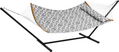1,4 x 1,9m hangmat - 2 personen - dubbele hangmat met gebogen spreidstok - met opbergtas - verwijderbaar kussen en draagbare draagtas - 200 kg - grijs en wit - T-vormige standaard