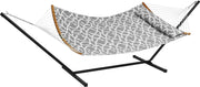 Hangmat - 2 Personen Dubbele - met Gebogen Spreidstok - met Opbergtas - Afneembaar Kussen en Draagbare Draagtas Draagvermogen 200 kg - Grijs en Wit Patroon - T-vormige Standaard - 1,4 x 1,9 m