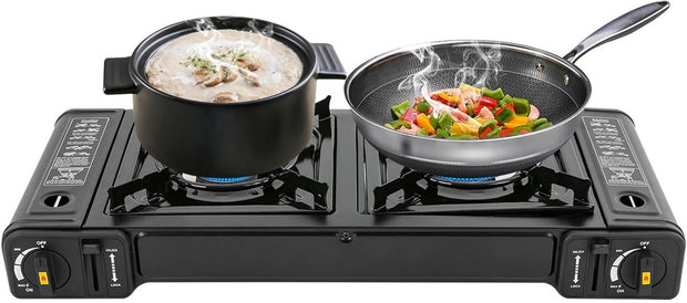 Campinggaspit - Gasbrander Camping - Camping Gasstel - Camping Bbq - Camping Kooktoestel - Fornuis 2 pits - Draagbare Kookplaat - Afneembare Bakplaat - Met Draagkoffer - 64x28cm - Zwart