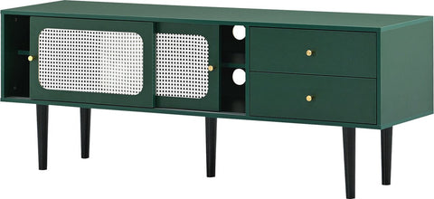 TV-Meubel - Groen met Wit Rotan - met 2 Rotan Schuifdeuren - 2 Laden - 4 Vakken met Verplaatsbare Planken