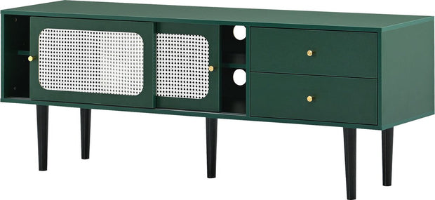 TV-Meubel - Groen met Wit Rotan - met 2 Rotan Schuifdeuren - 2 Laden - 4 Vakken met Verplaatsbare Planken