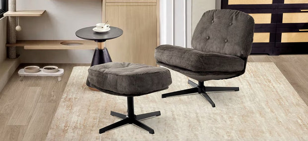 Corduroy lounge chair - Chair - Relax chair - Swivel chair - Thick cushions - With footstool - Chocolate Brown